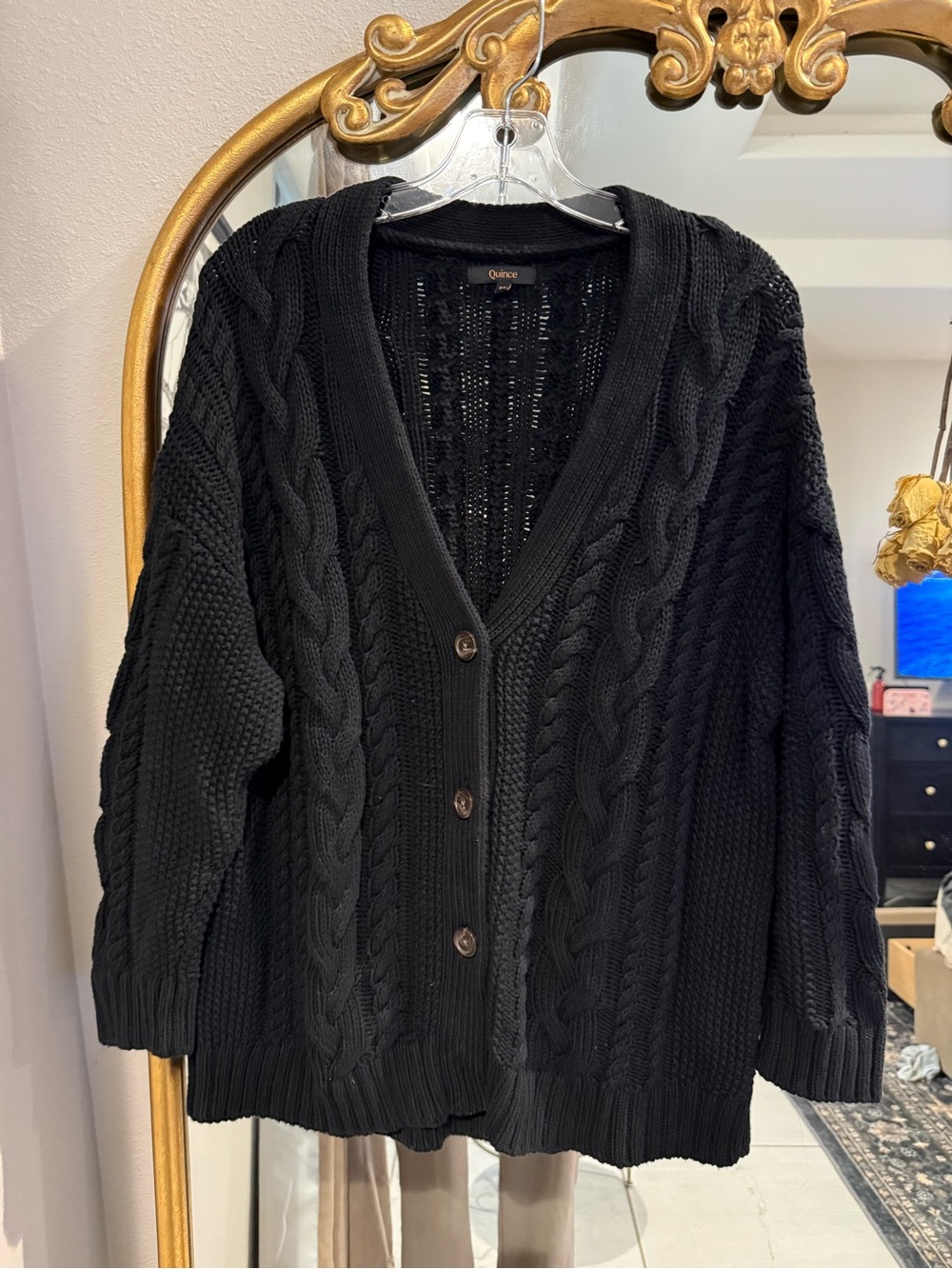 Quince Black Chunky Cable-Knit Button Cardigan